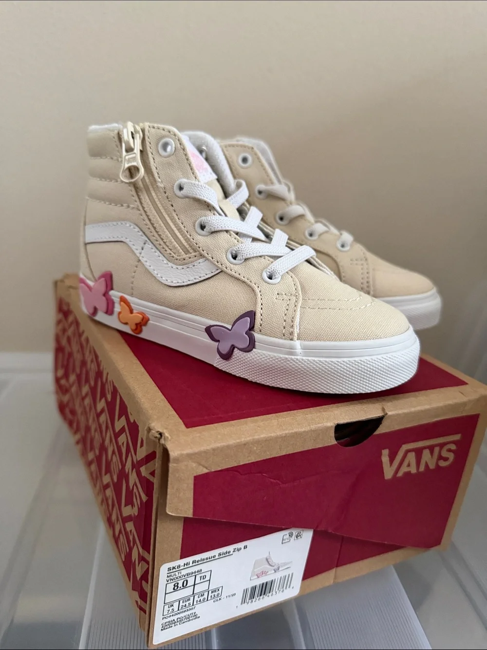 Vans Kids High-Top Sneakers in Cream with Butterfly Accents